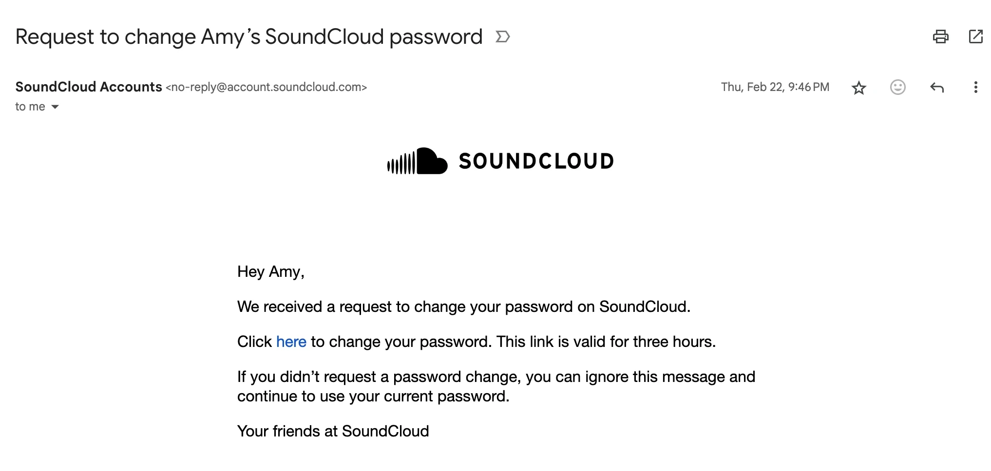 SoundCloud password reset email