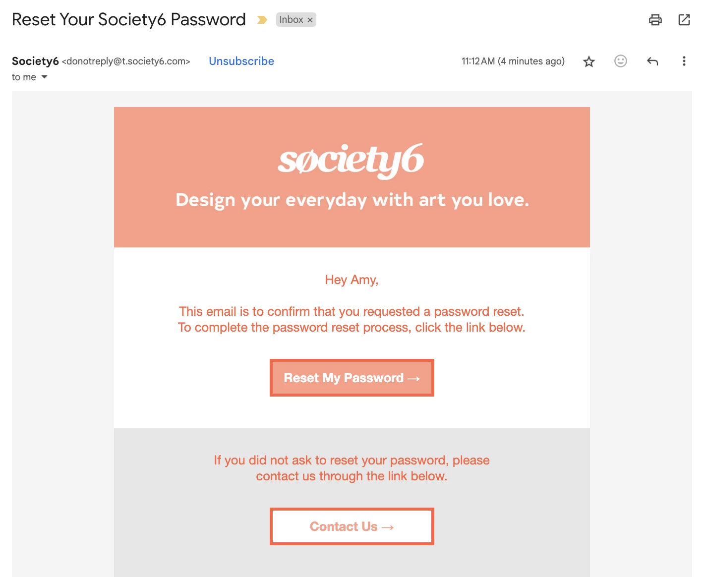 Society6 password reset email