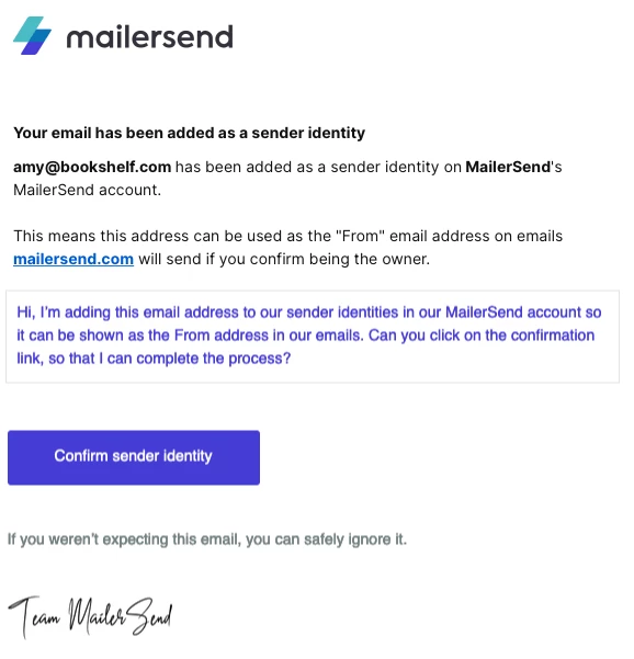 Example of an email verification email that will be sent to the owner of the sender identity email address.