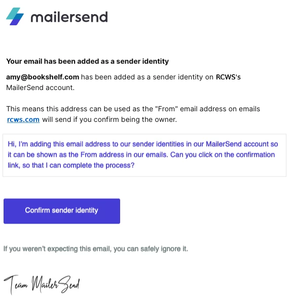 An example of a sender identity verification email.