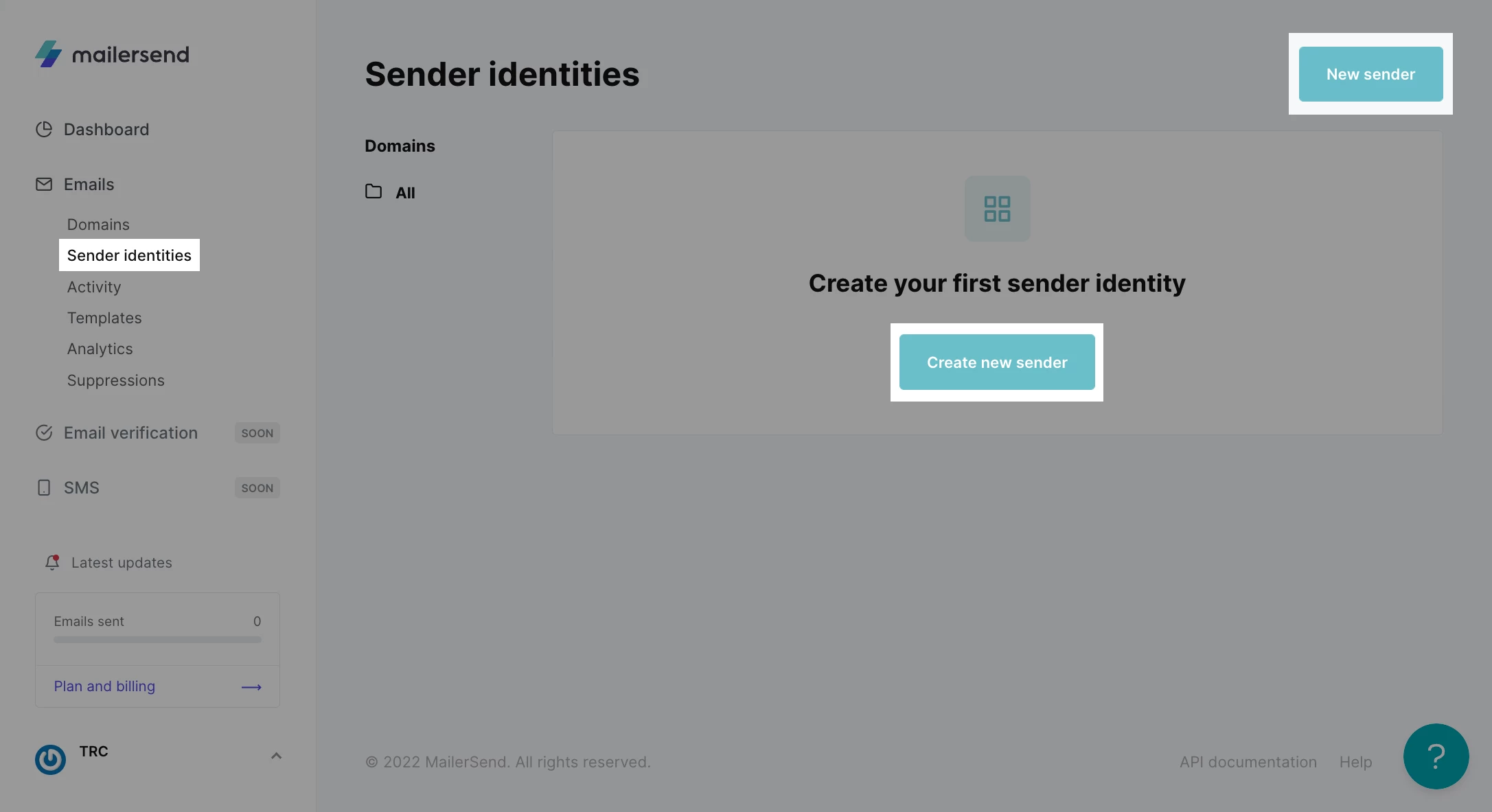 A view of the Sender identities page in MailerSend with the navigation highlighted.