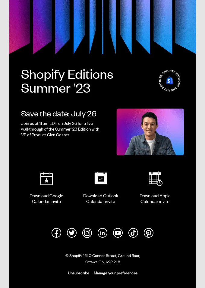 An event reminder email from Shopify with clear heading and details about the event plus calendar options. 