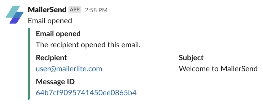 Example of a MailerSend notification in Slack. 