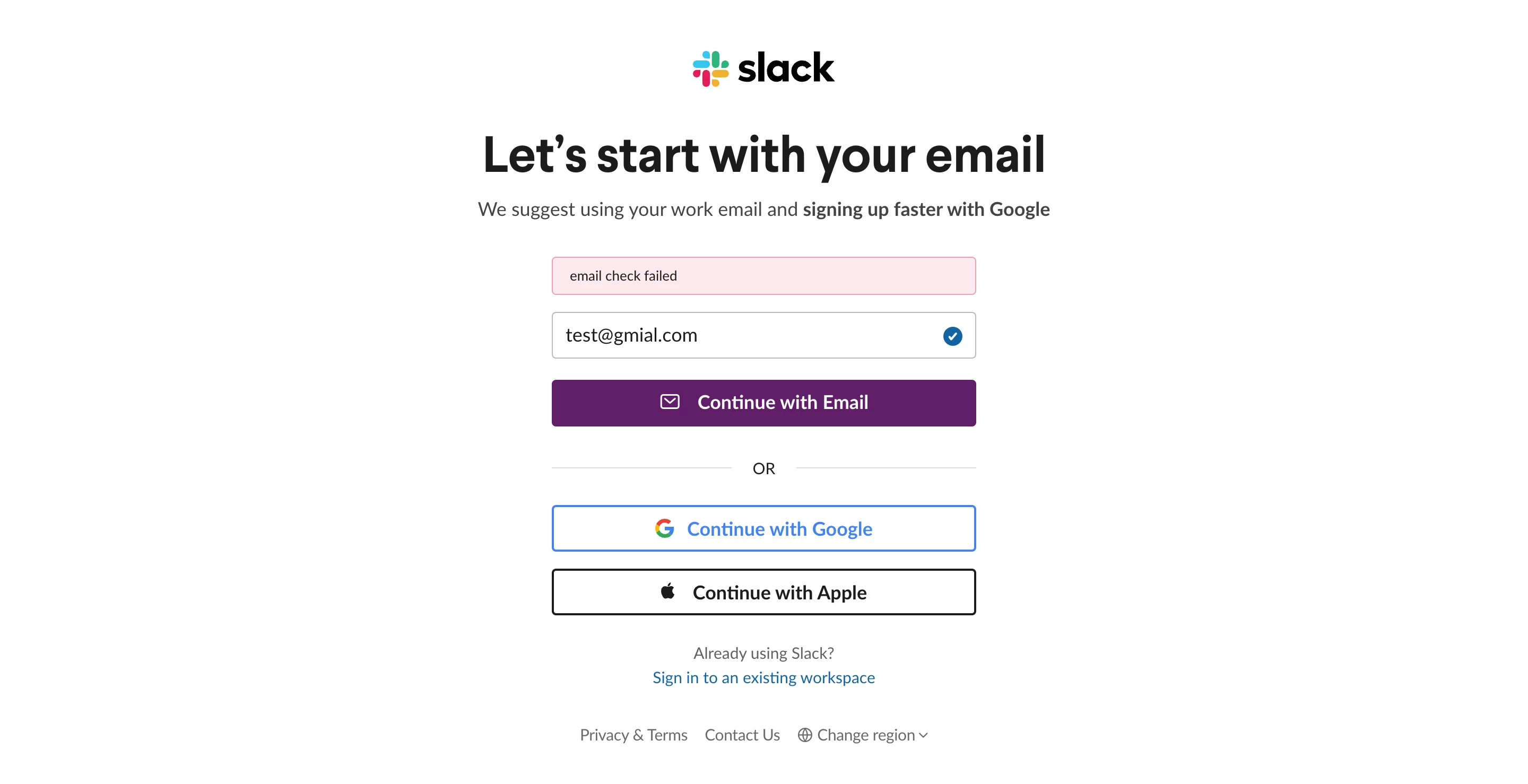 Slack's real-time email verification message.