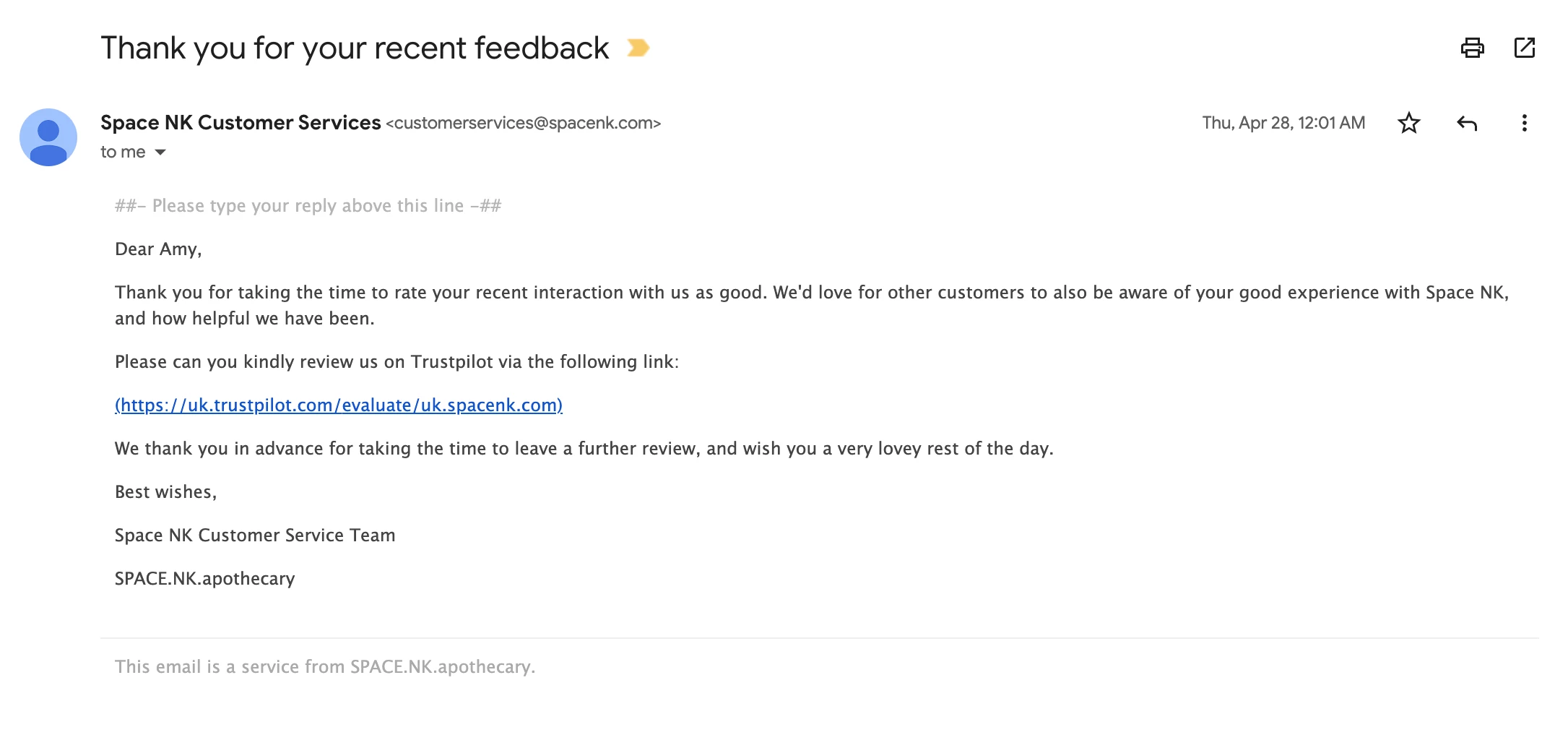 Example of a feedback thank you email from SpaceNK.
