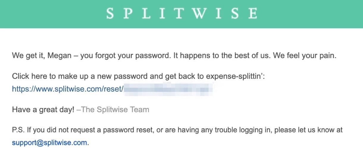 transactional email example: splitwise forgot your password simple transactional email with reset link