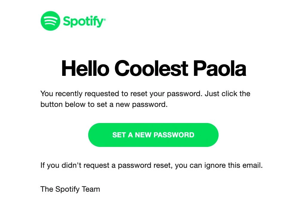 A password reset transactional email example from Spotify.