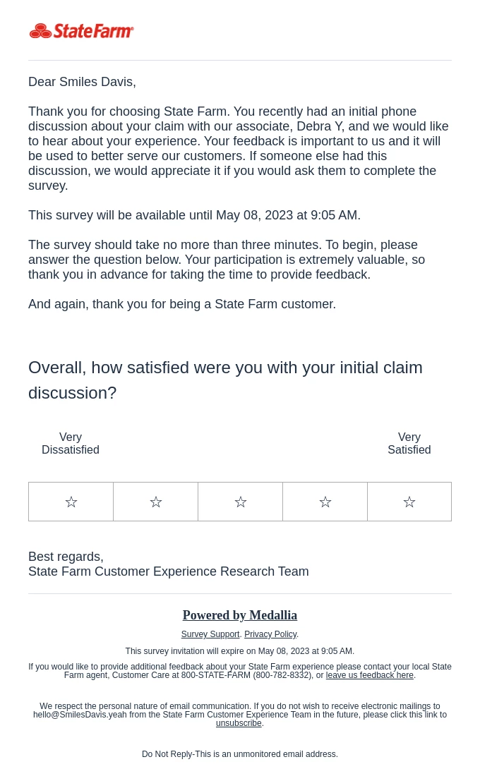 An example of a CSAT survey email from State Farm. Image credit: Really Good Emails