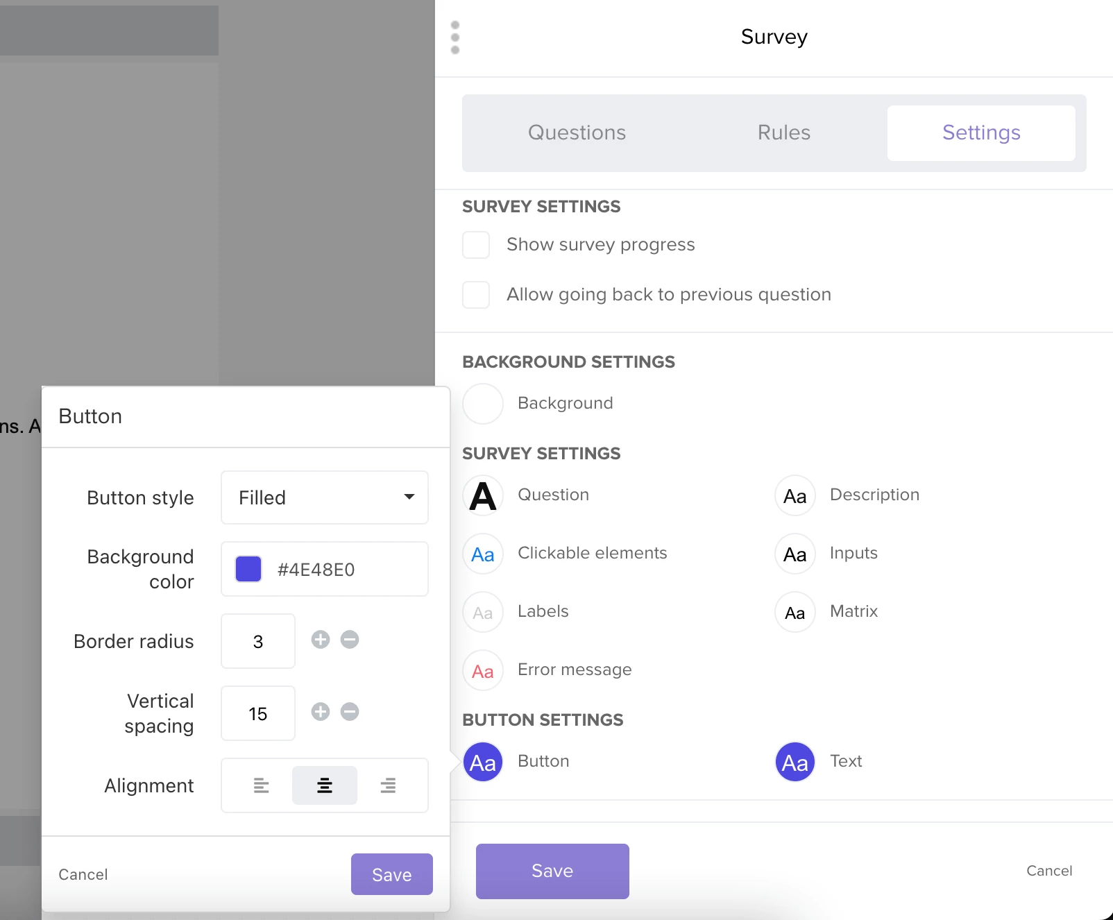 A view of the survey design settings in MailerSend's drag and drop editor.