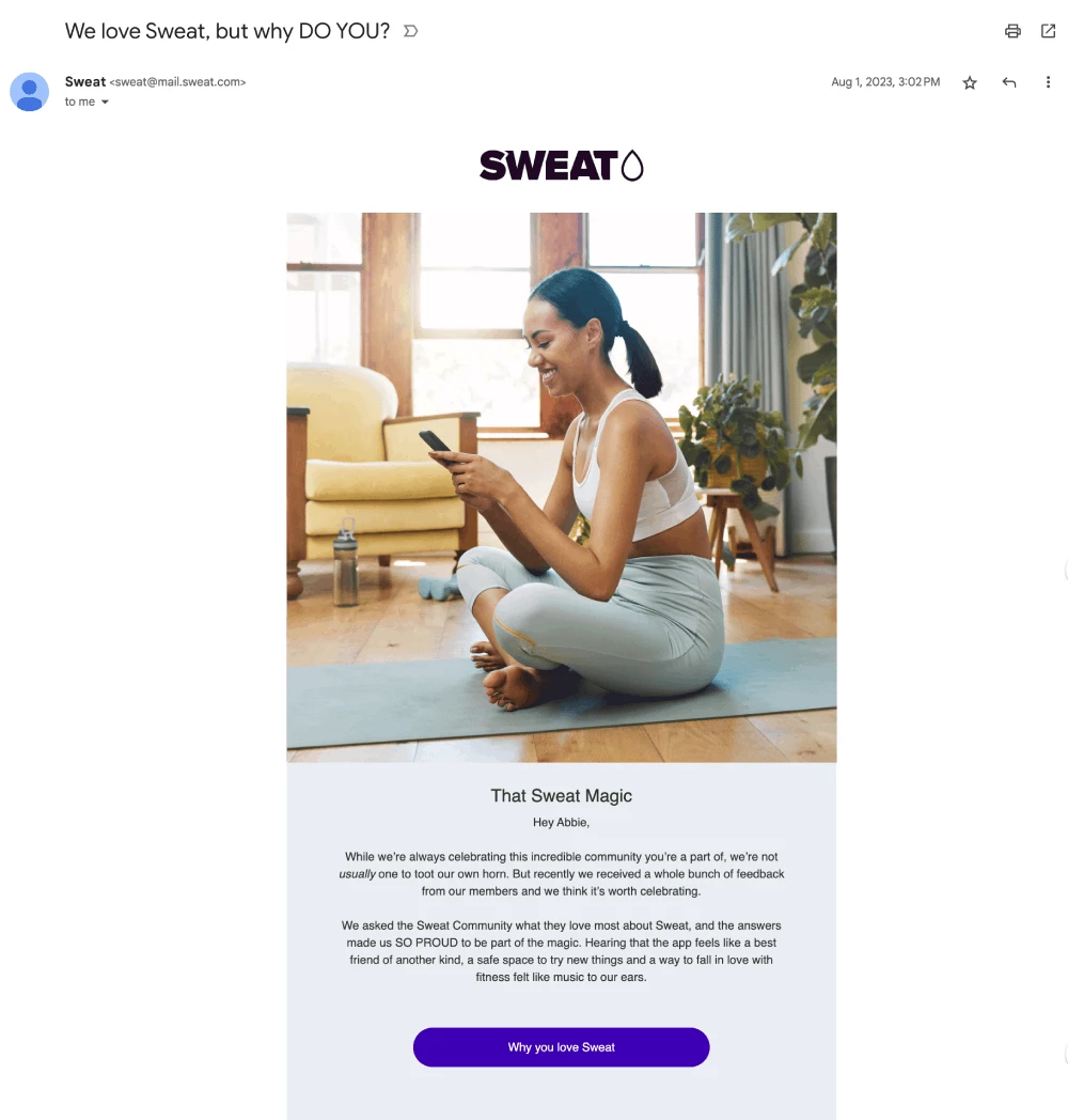 An example of survey results being shared in an email from Sweat with an image of a happy woman sitting on the floor and a purple CTA button. 