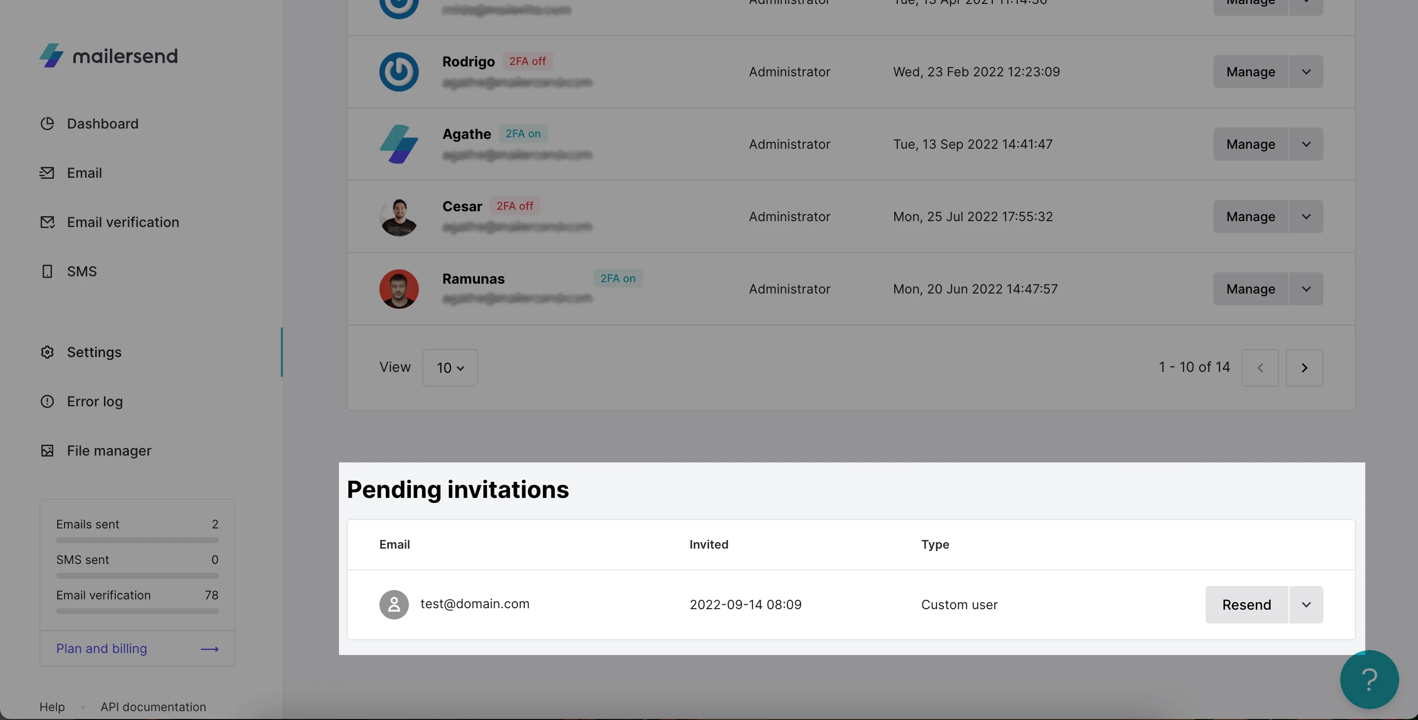 Screenshot highlighting pending user invitations.