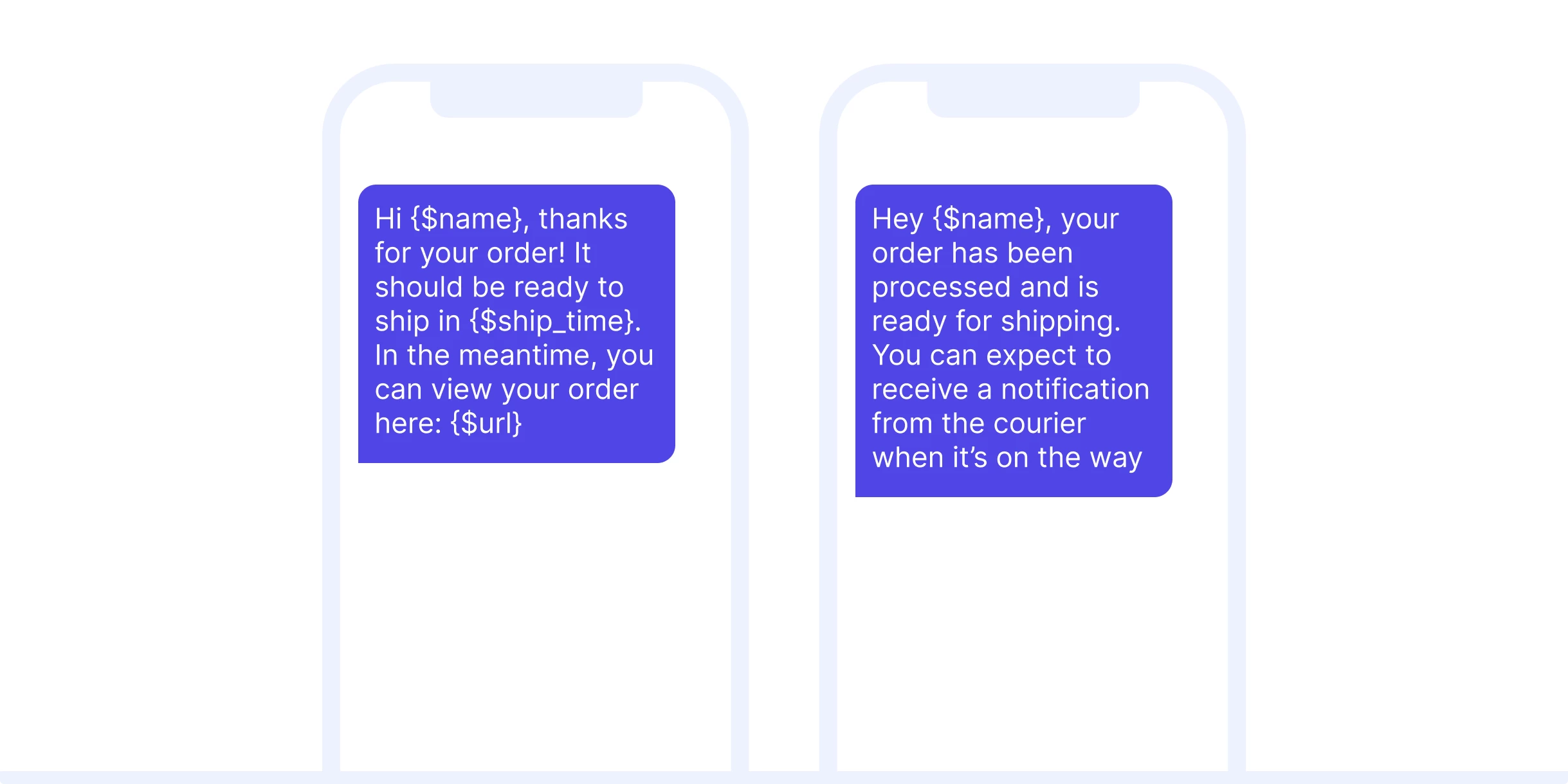Transactional SMS examples for order confirmation and status updates.