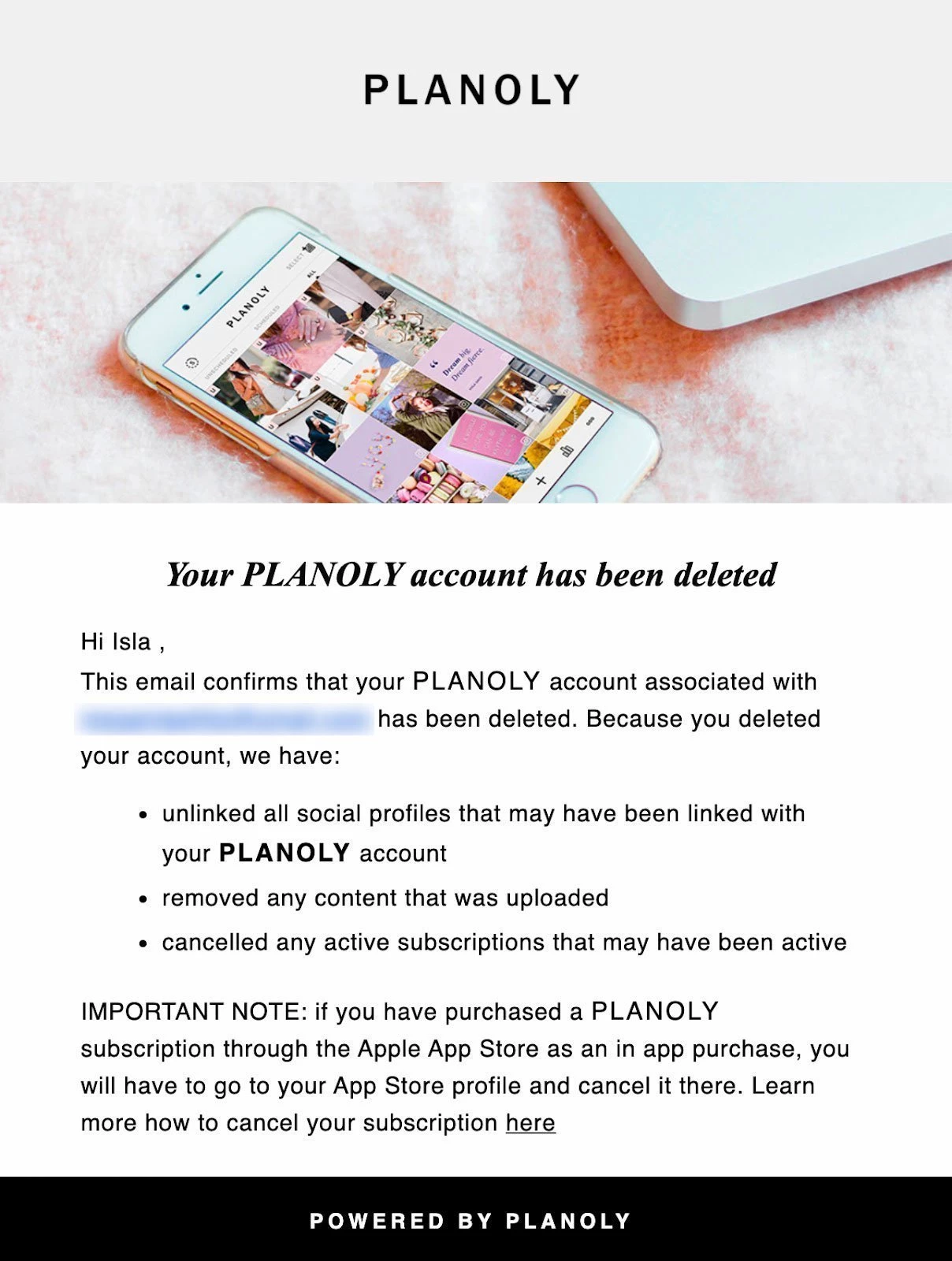 An account deactivation transactional email example from Planoly.