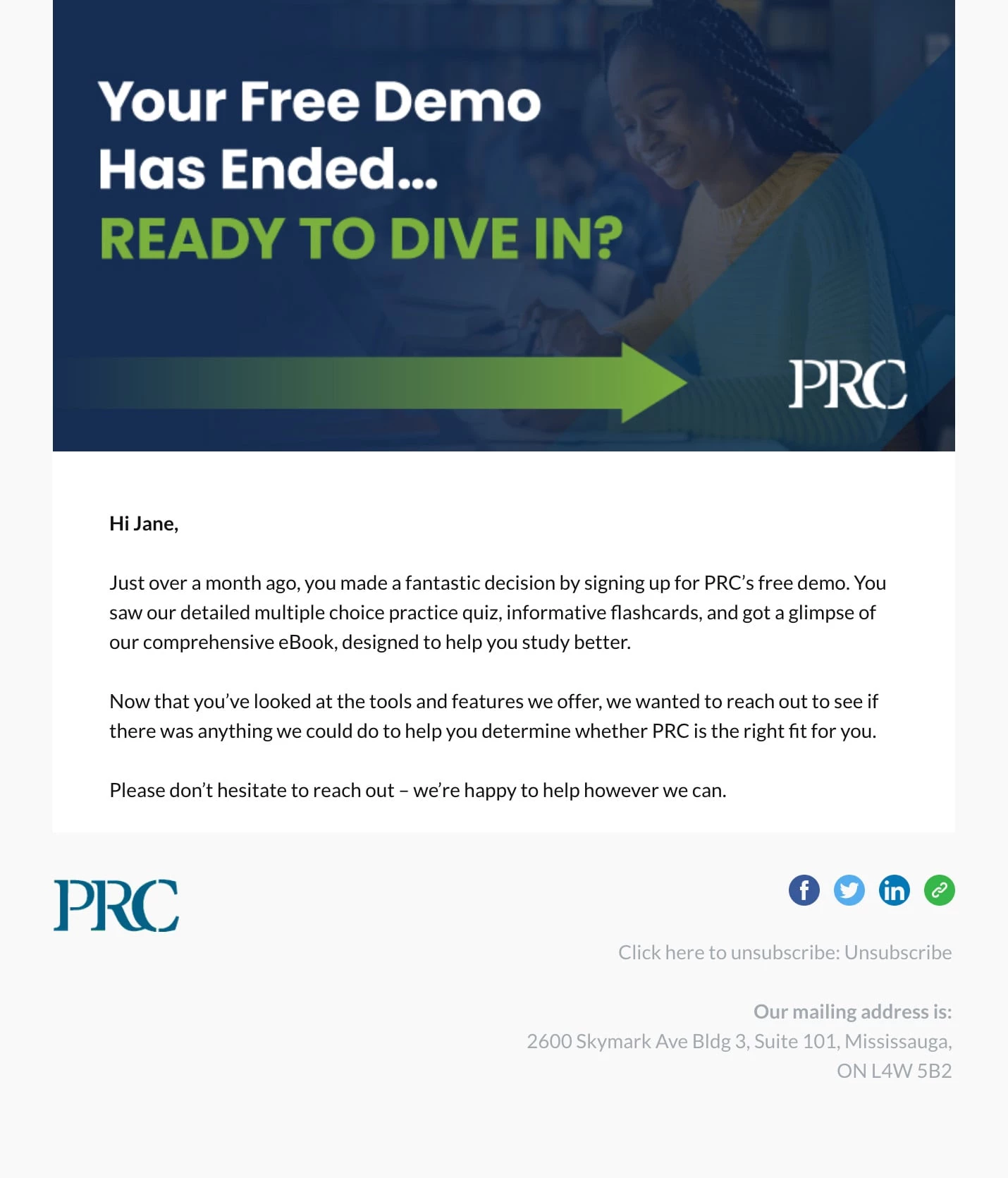 A trial expiration email example from PRC.