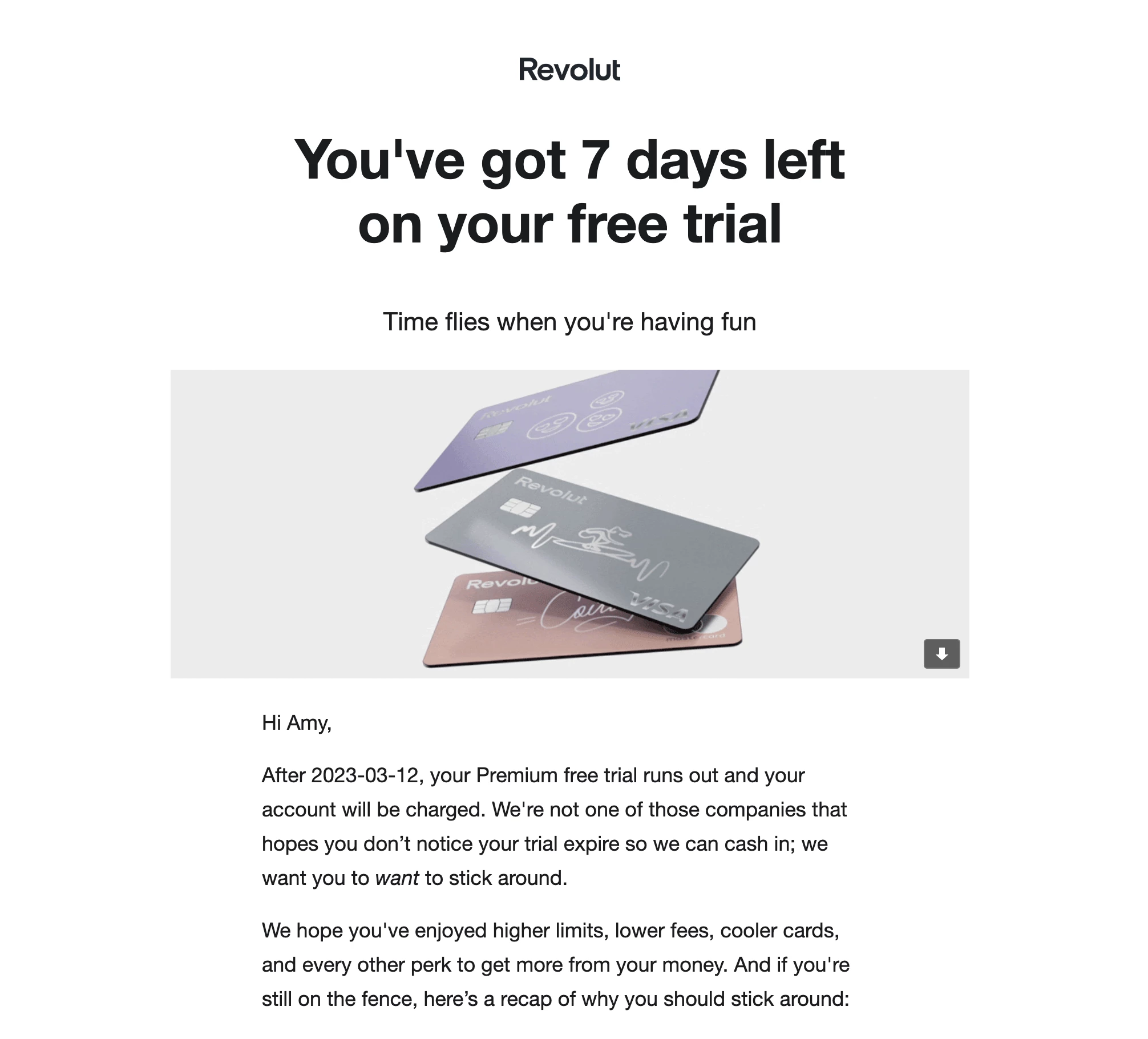 Revolut free trial expiration showcasing their brand voice and style.