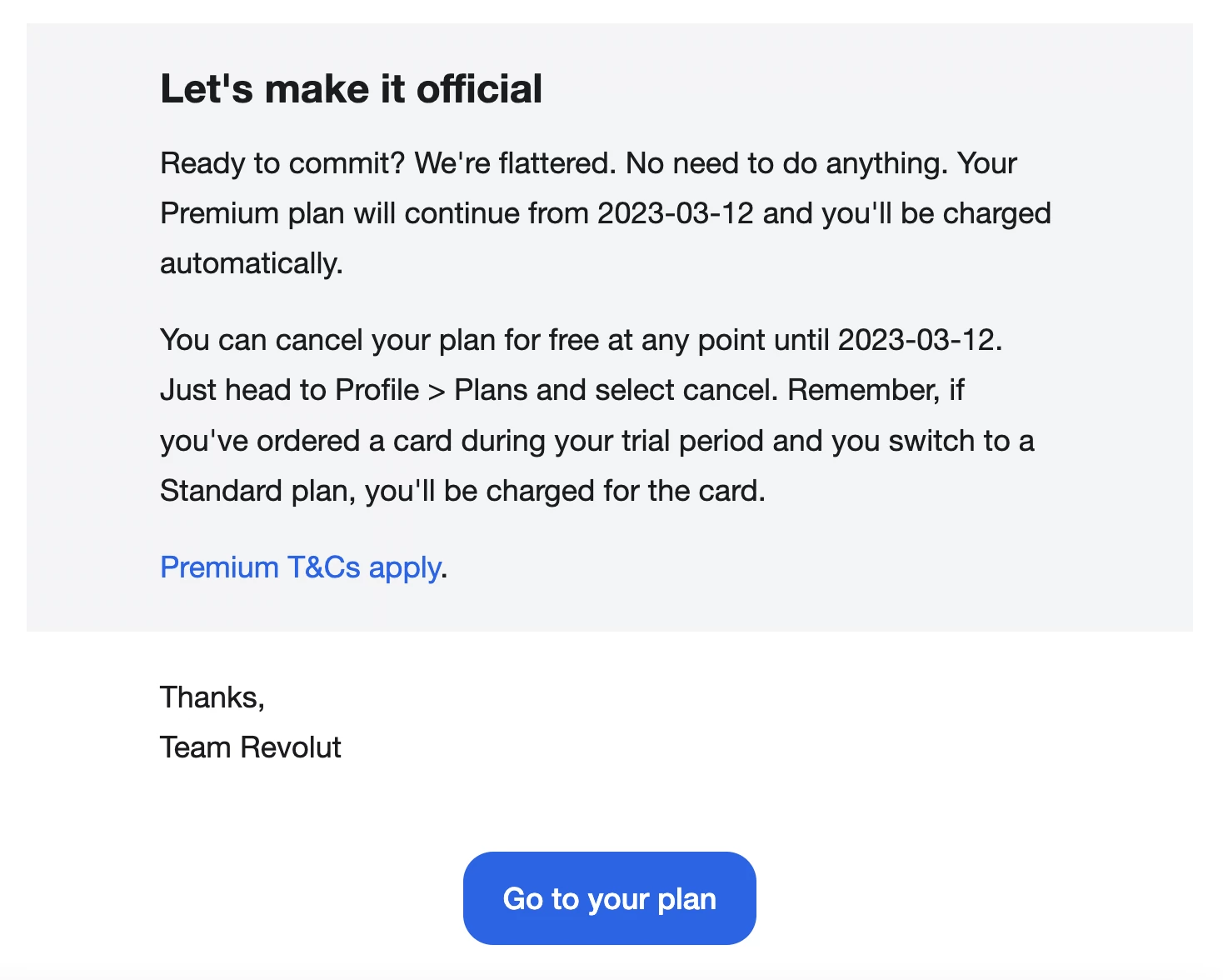 Revolut email example with the CTA.