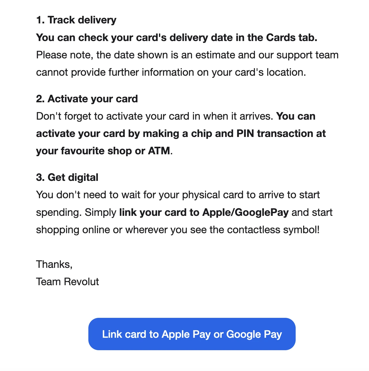 An example of a shipping confirmation email closing with next steps from Revolut. 