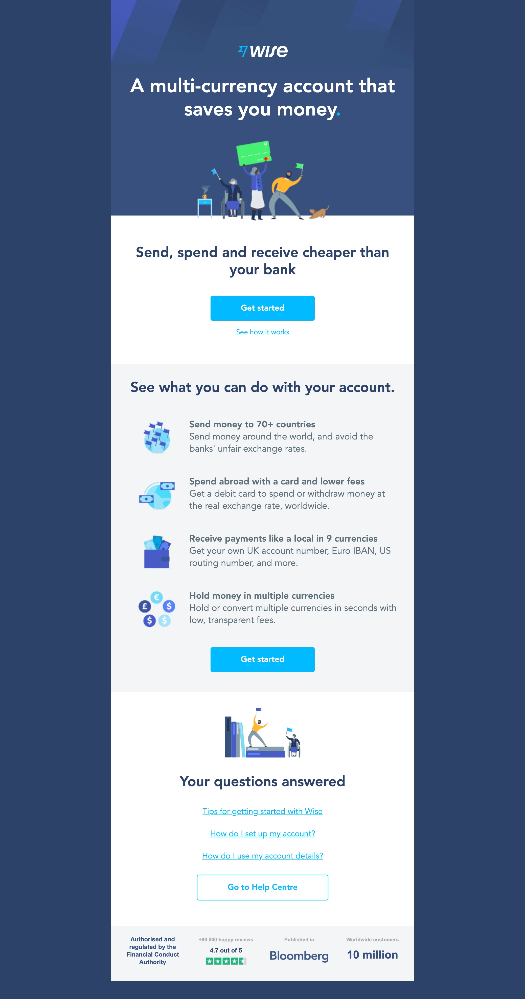 transactional email example: wise blue welcome email with user tips 