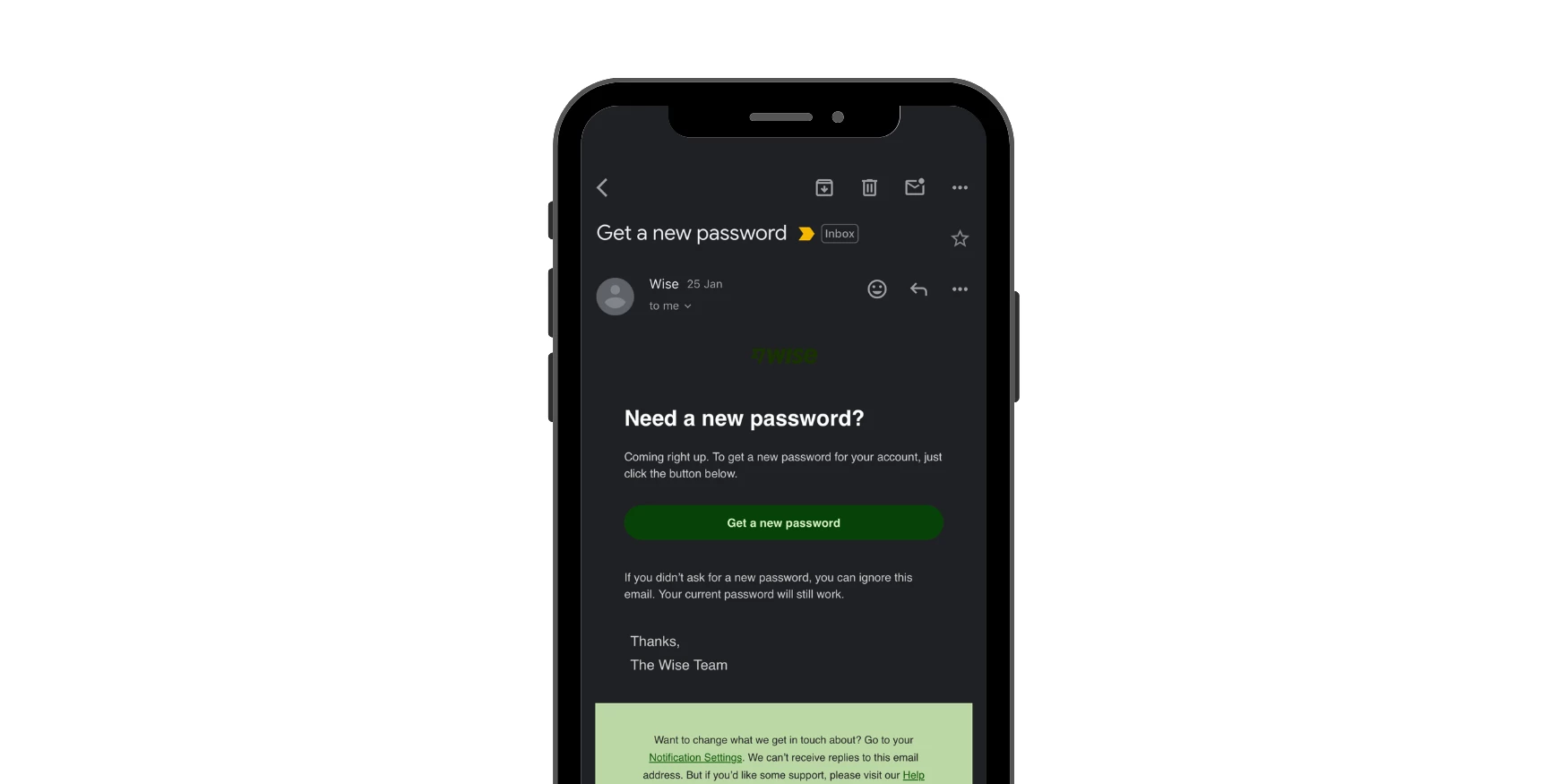 An example of a Wise password reset email on mobile.