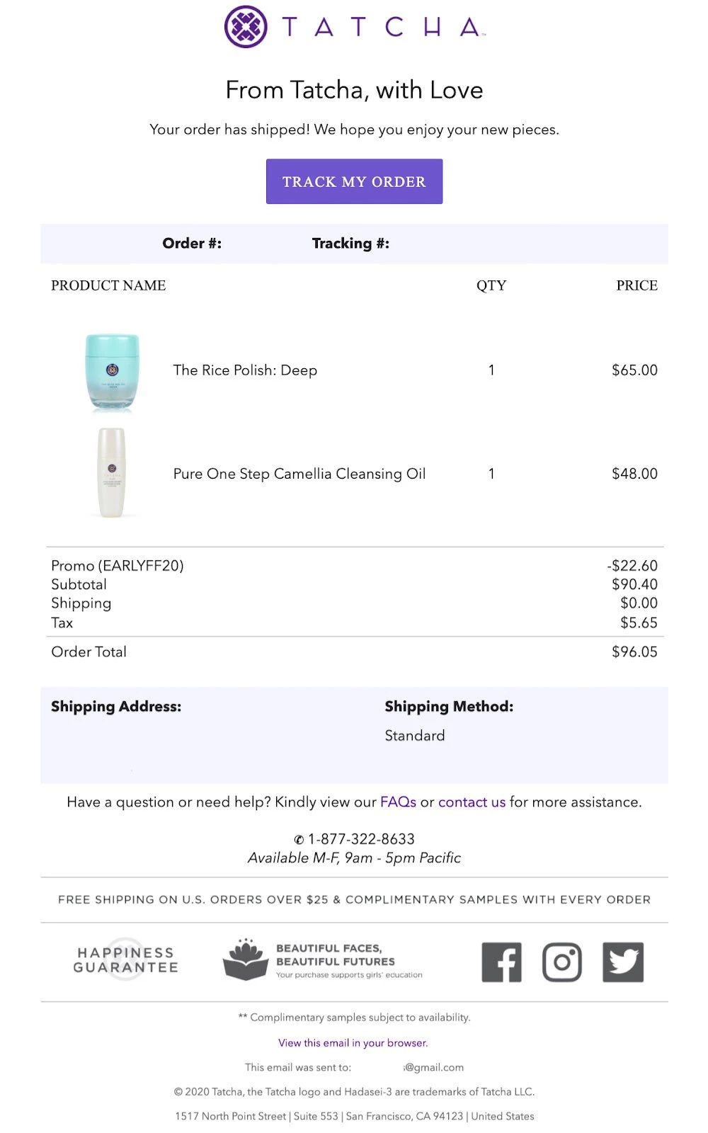 A shipping confirmation email example from Tatcha. 