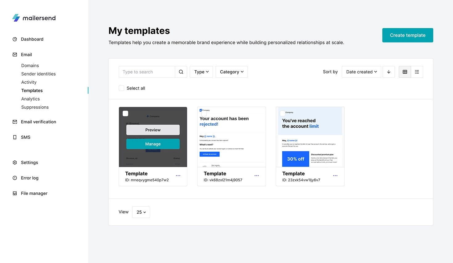View of templates with how to edit and add a category.