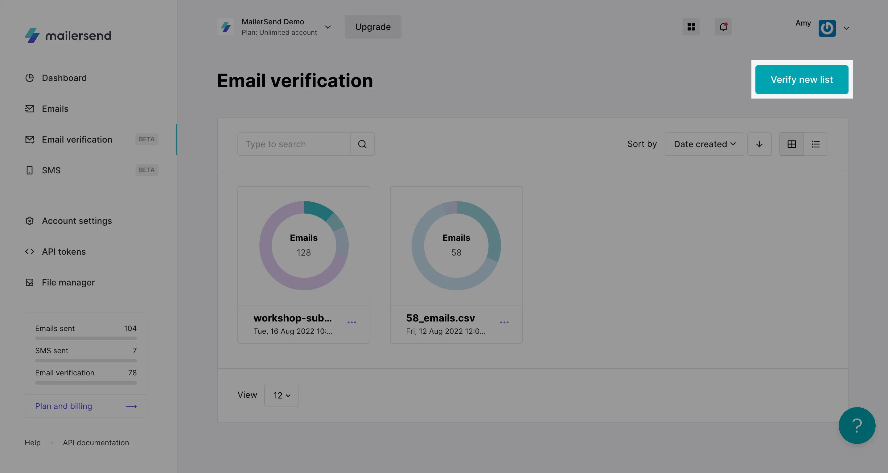 A view of the Email verification page in MailerSend with the Verify new list button highlighted.