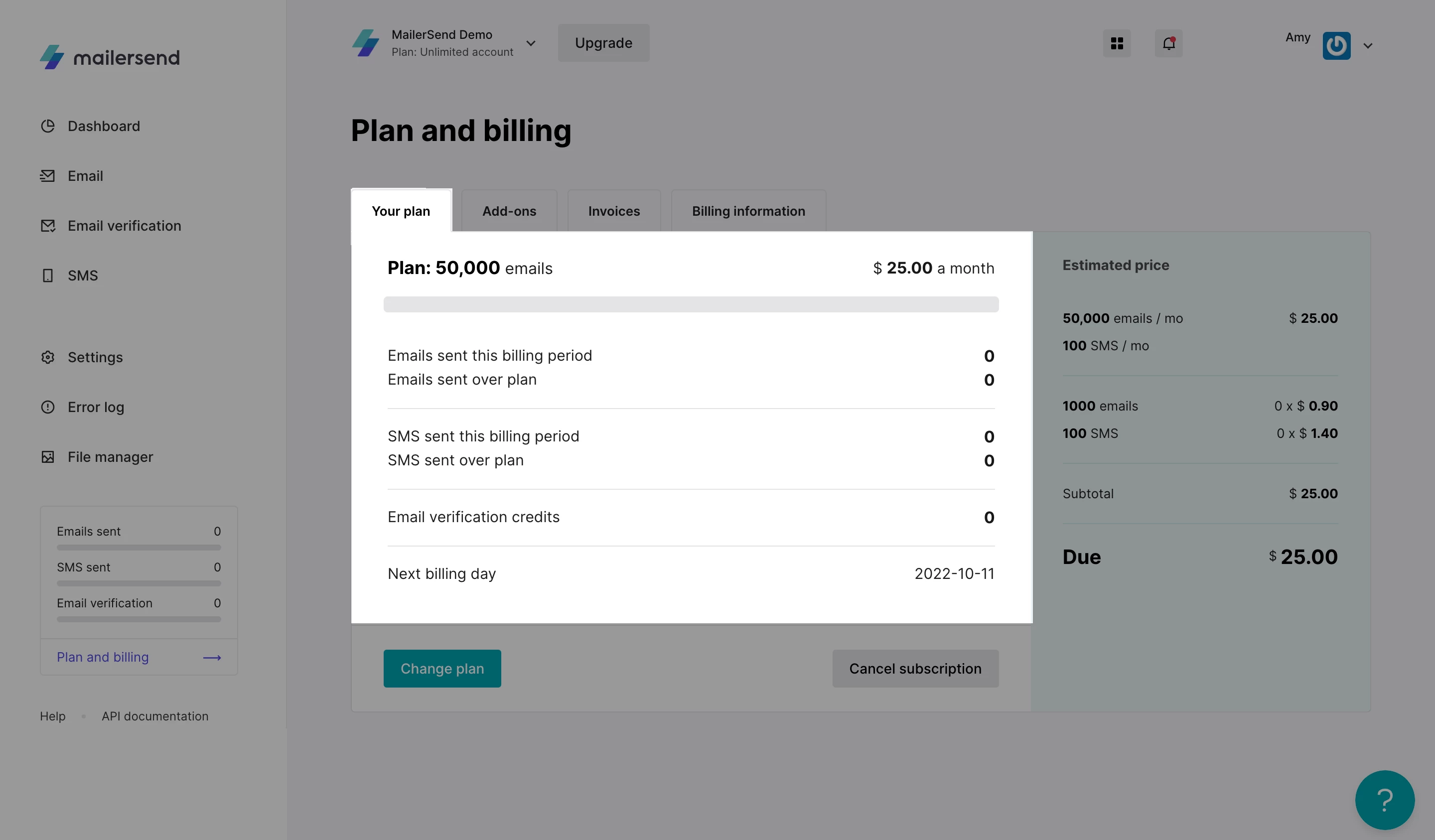 Plan and billing page with details about your plan. 