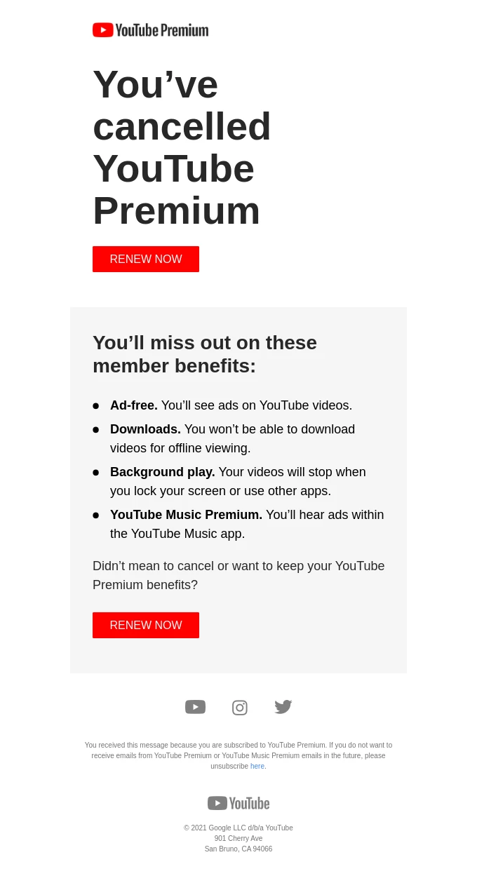 YouTube cancellation confirmation email.