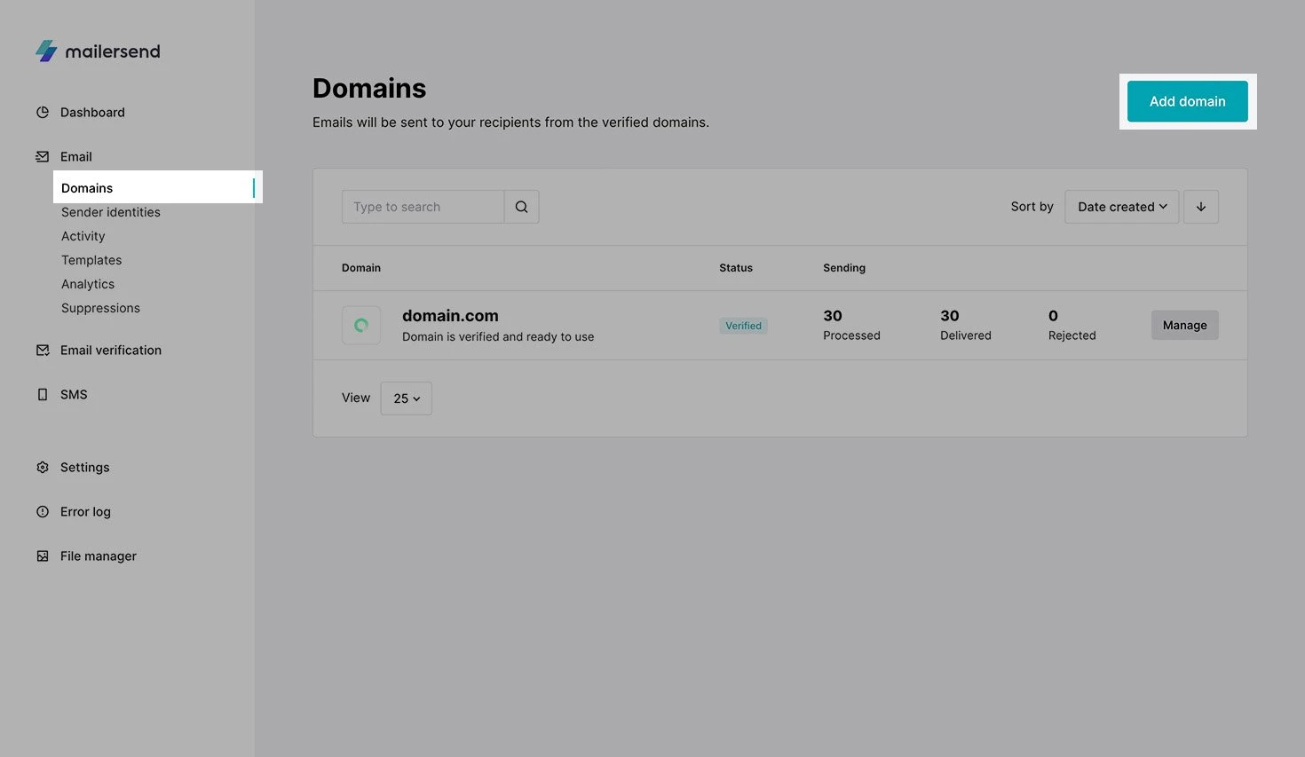 Add a new sending domain in MailerSend.