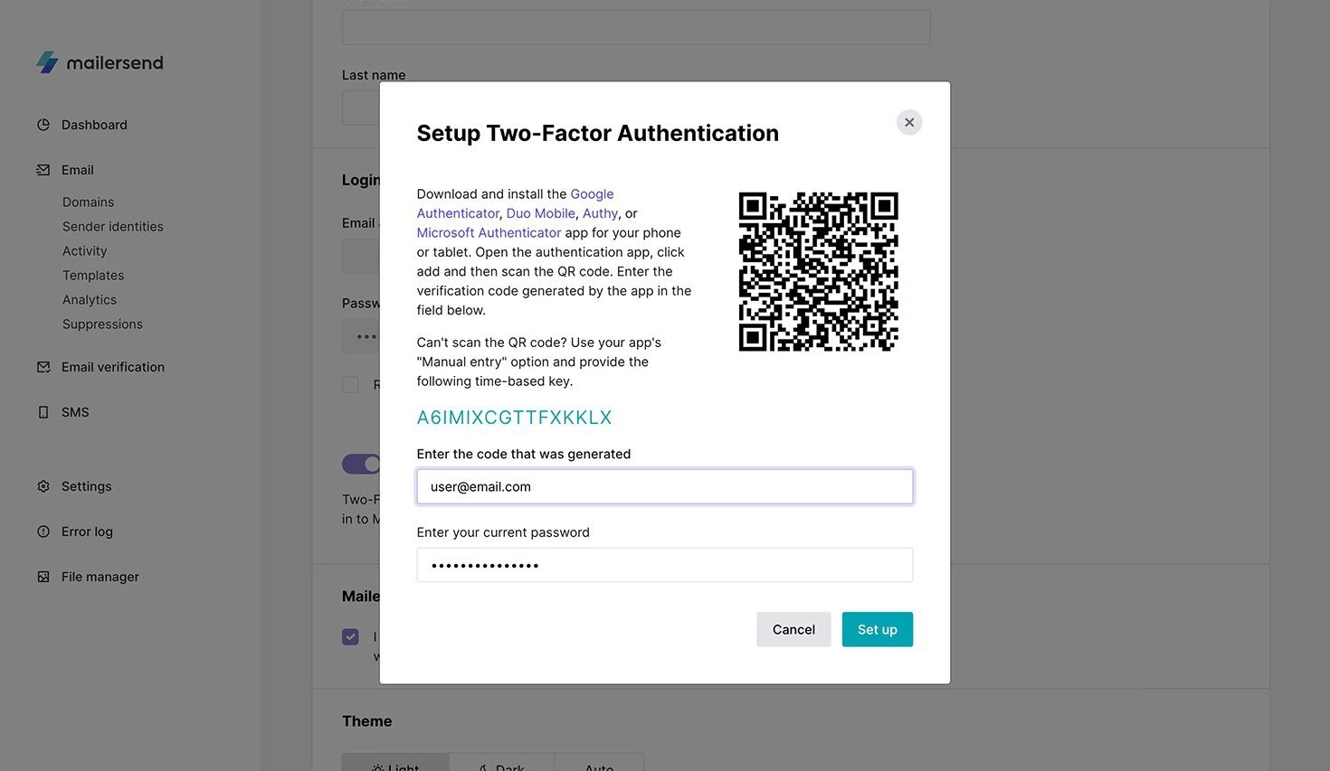 QR code for two factor authentication