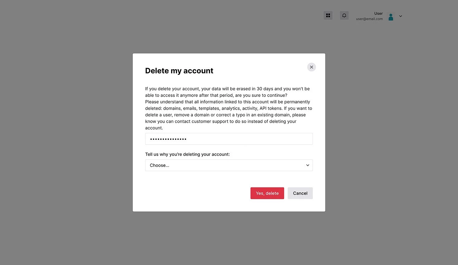 Confirm account deletion in mailersend