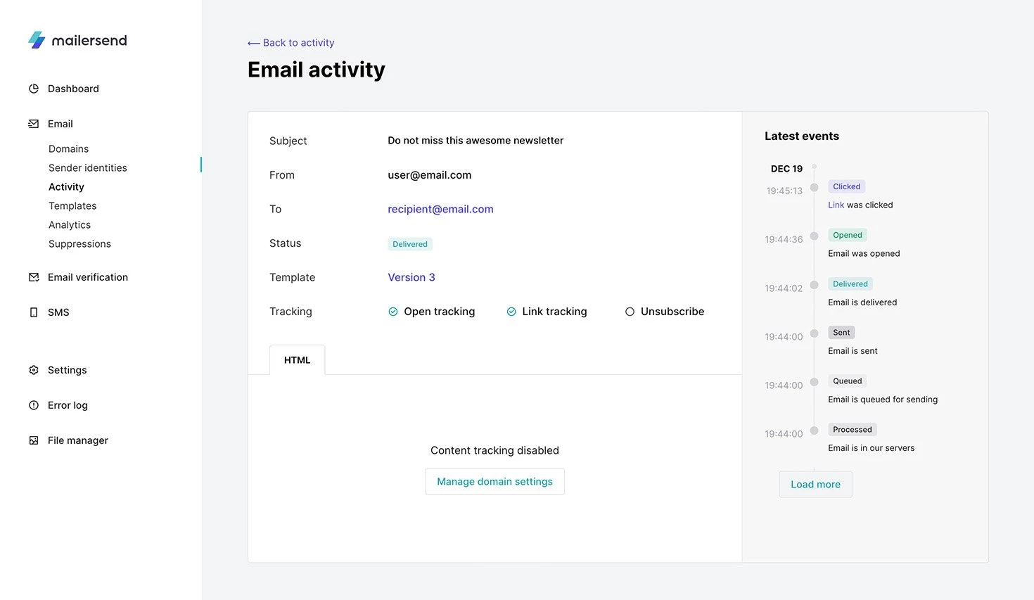 Display of the activity of a specific email in MailerSend.