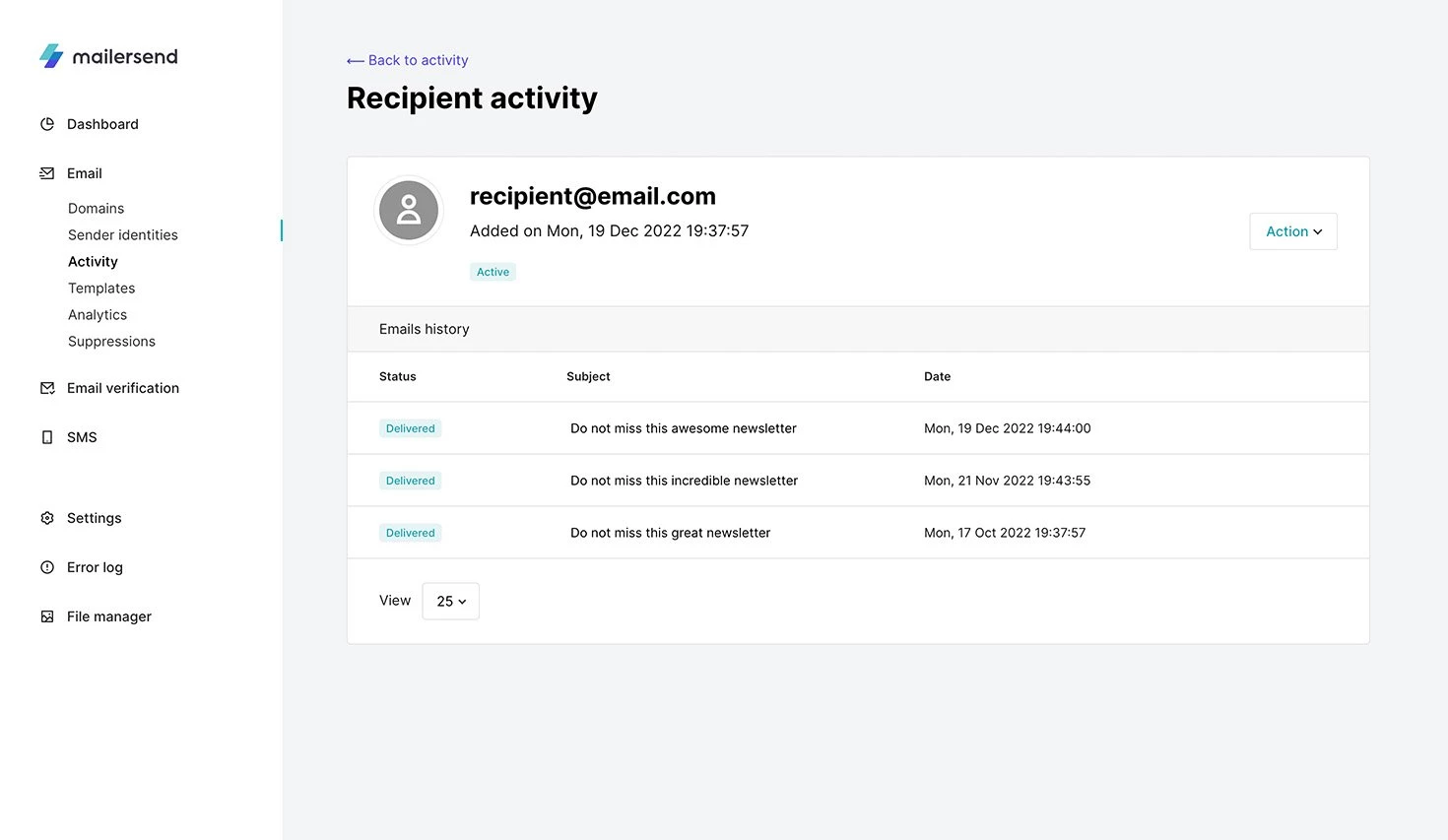 Page showing the activity of a specific recipient in MailerSend.
