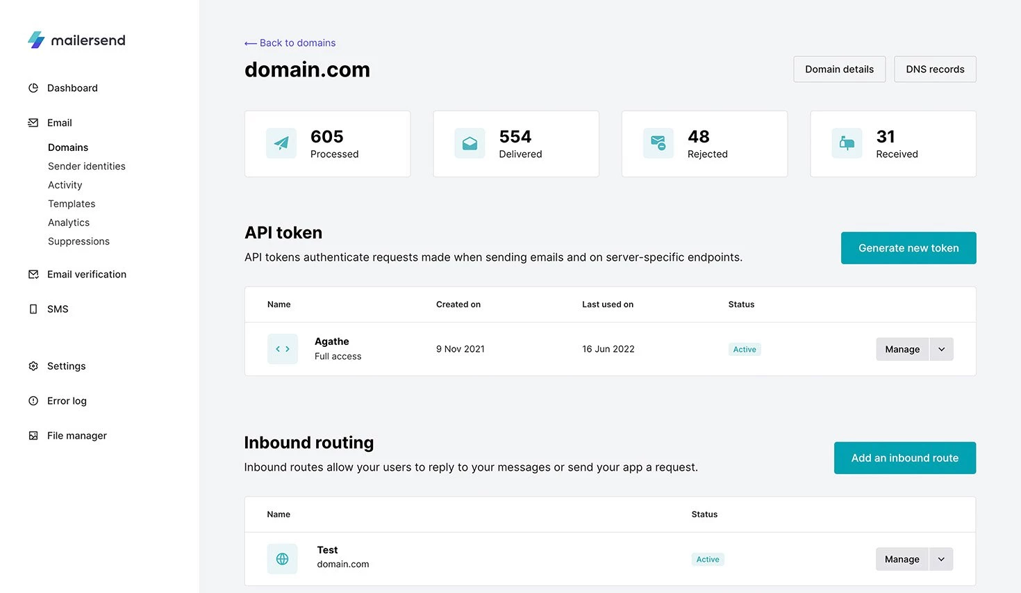 The API tokens section on the domain page of MailerSend.