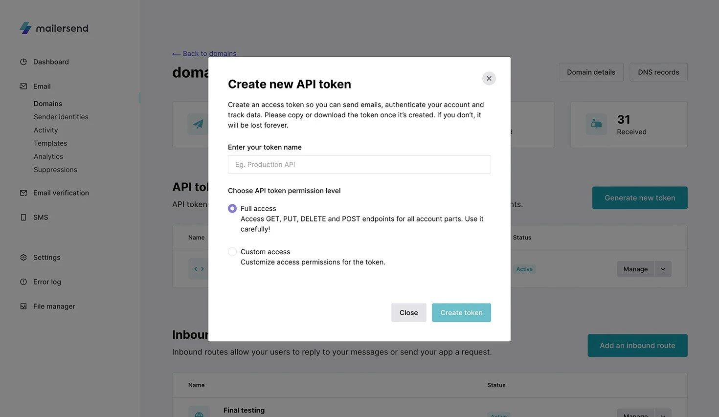 Creating a new API token in MailerSend