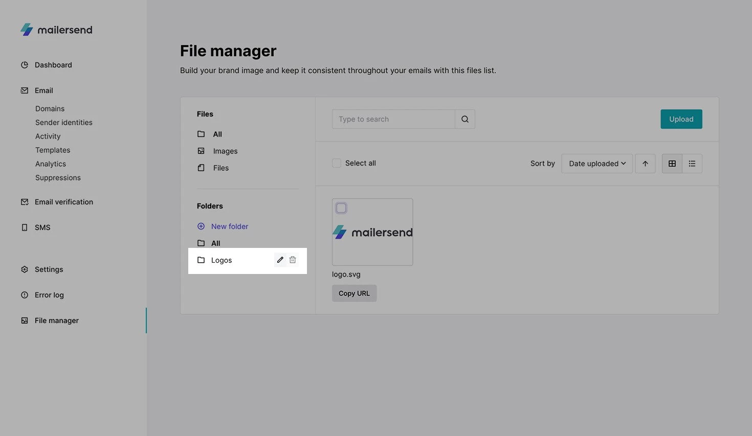 View of the file manager with the delete and edit folder options highlighted. 