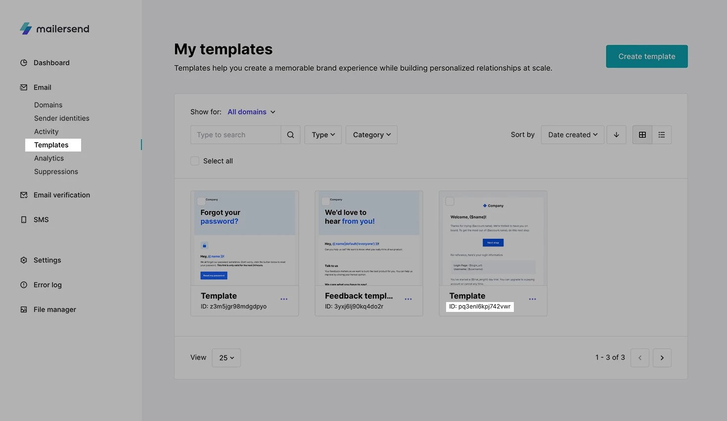Screenshot of MailerSend templates page with ID highlighted.