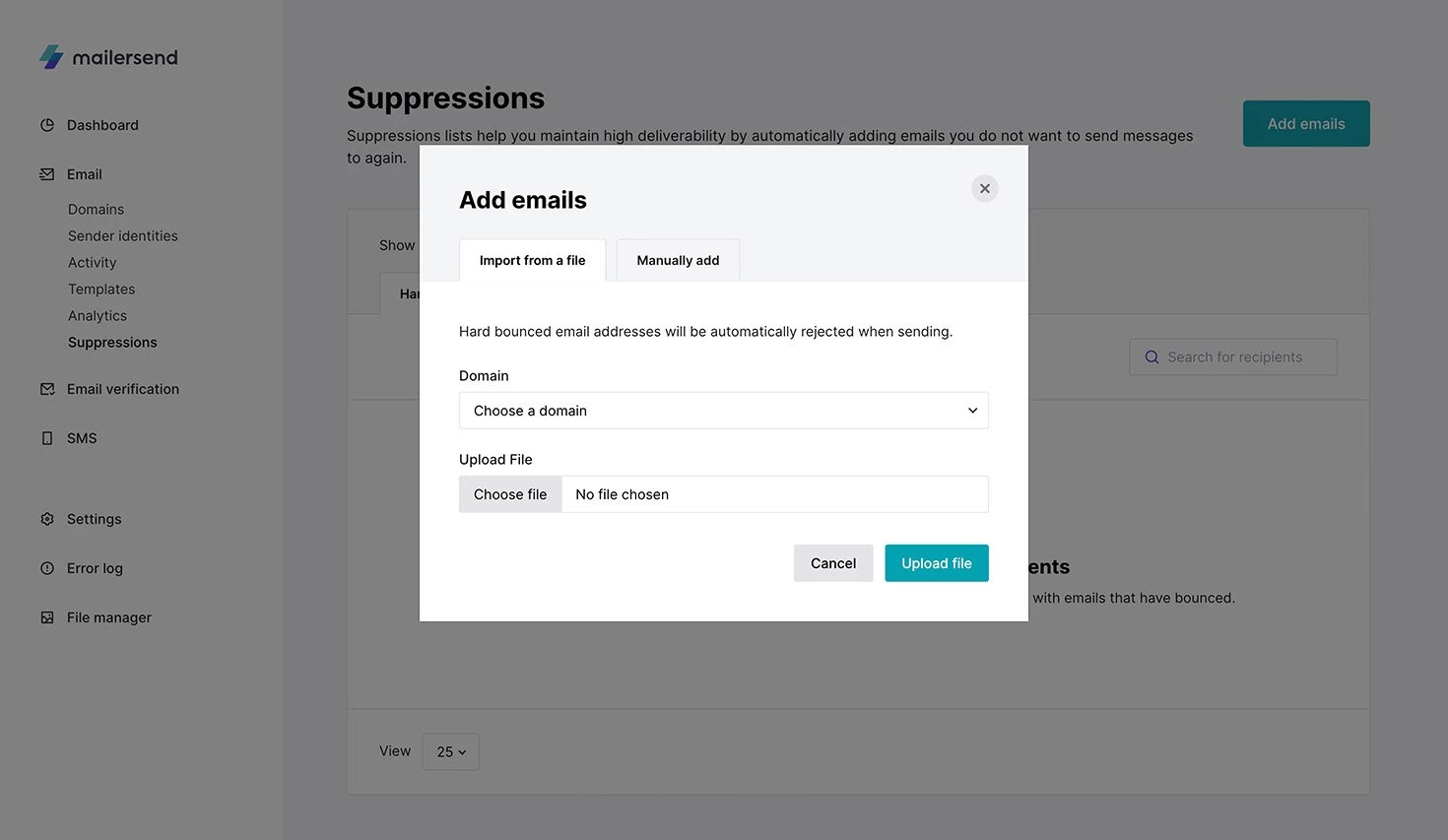 Suppressions page in MailerSend with pop-up window to add emails.