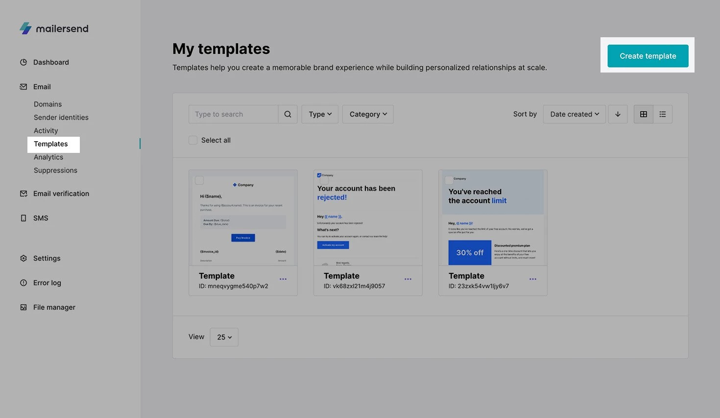Templates page with button to create a template highlighted.