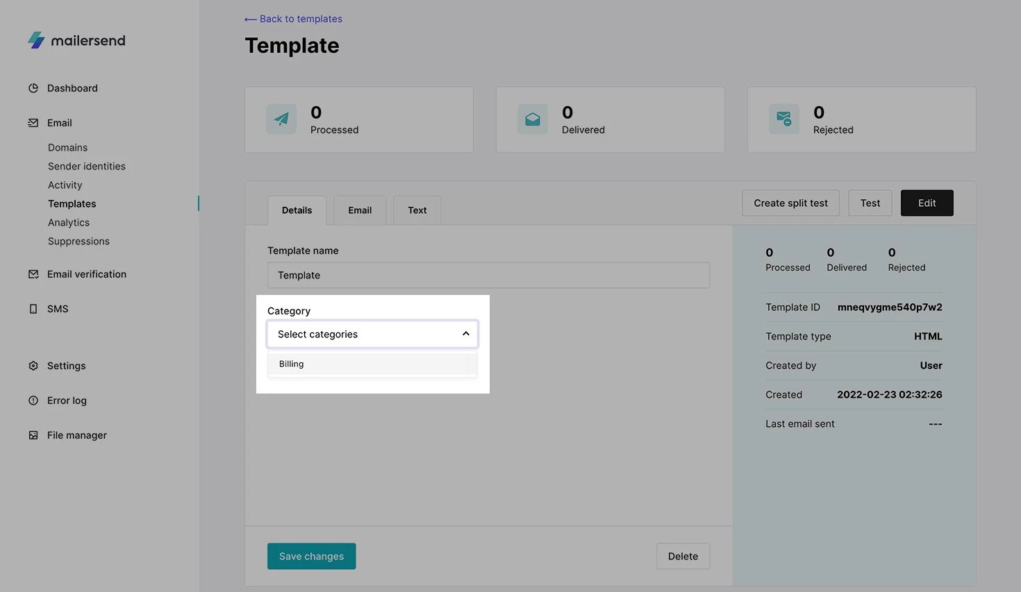 View of template page with category selection drop down.
