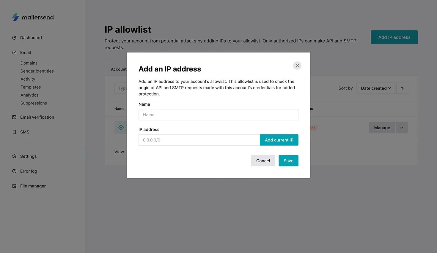 A view of the IP allowlist page with the pop-up screen to add an IP.