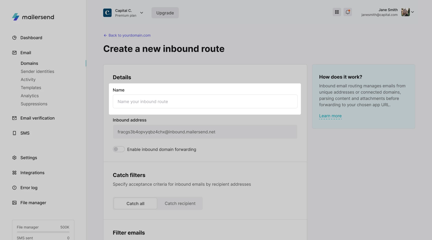 Creating an inbound route in MailerSend.
