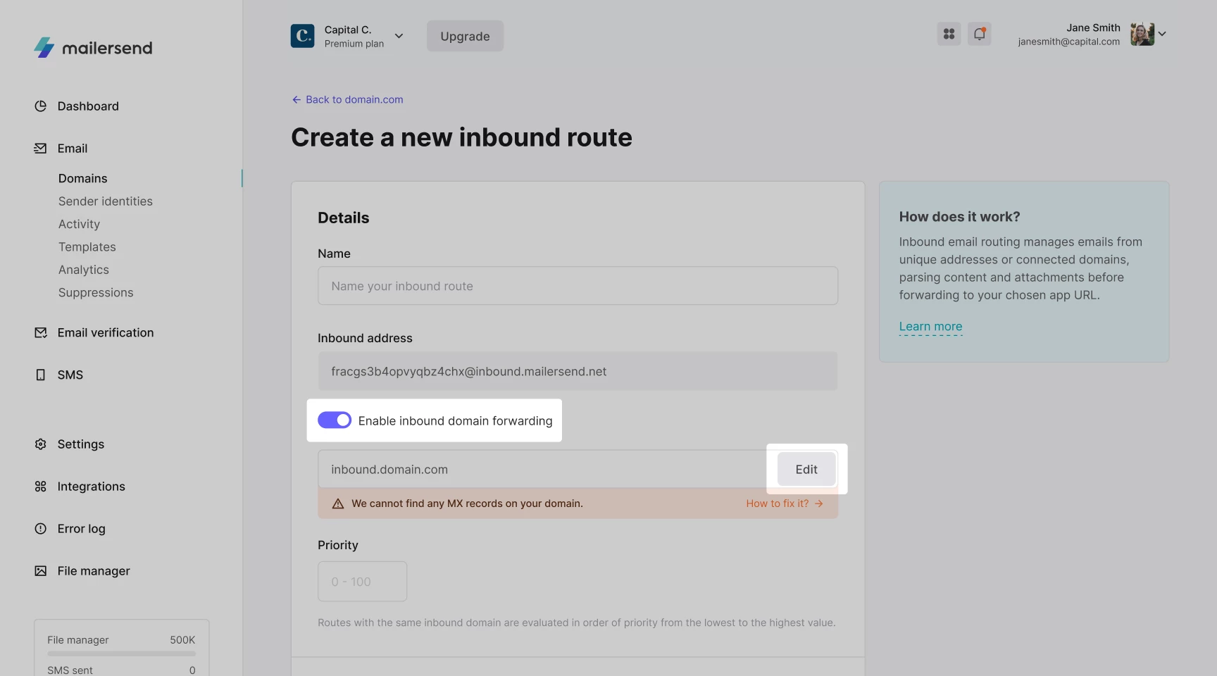 Edit custom subdomain of inbound route.