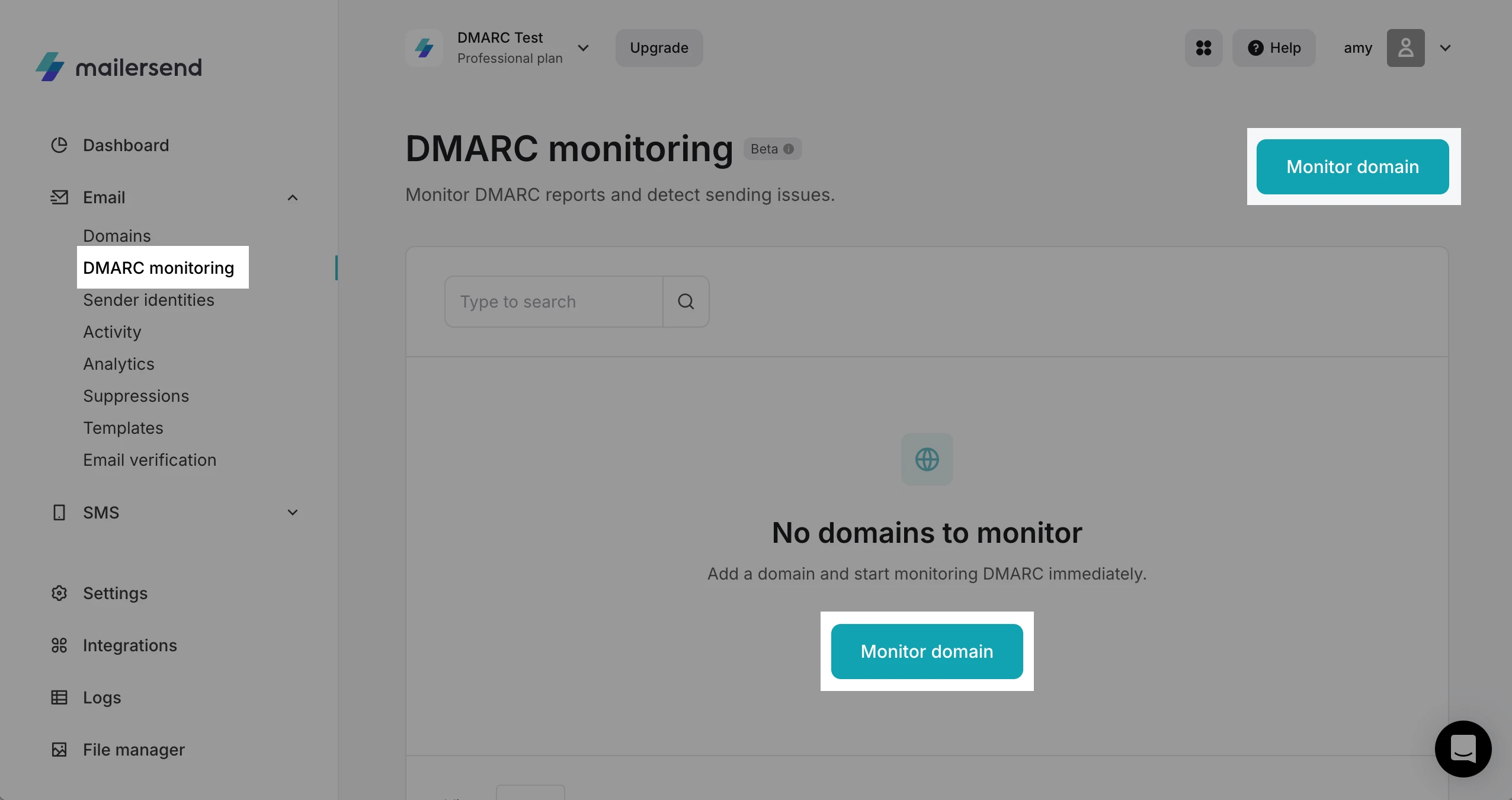 The DMARC monitoring feature with Monitor domain buttons highlighted. 