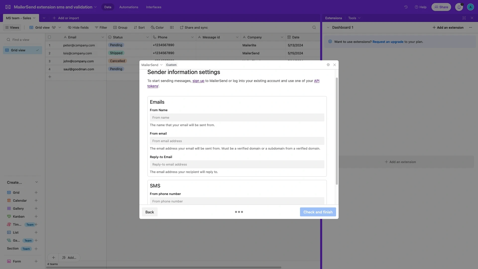 The account setup screen.
