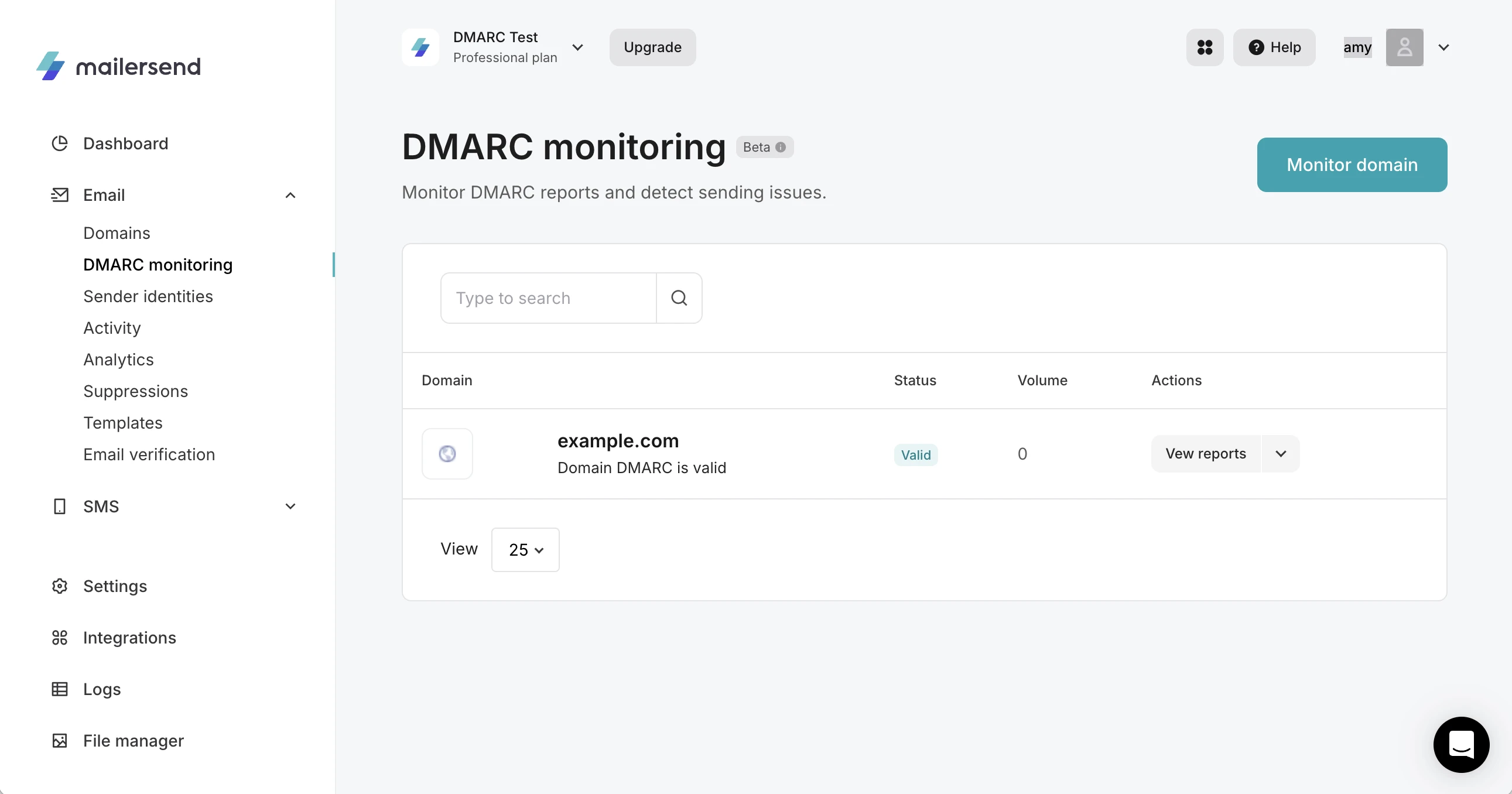 An example of a domain in the DMARC monitoring tool with a valid DMARC record.