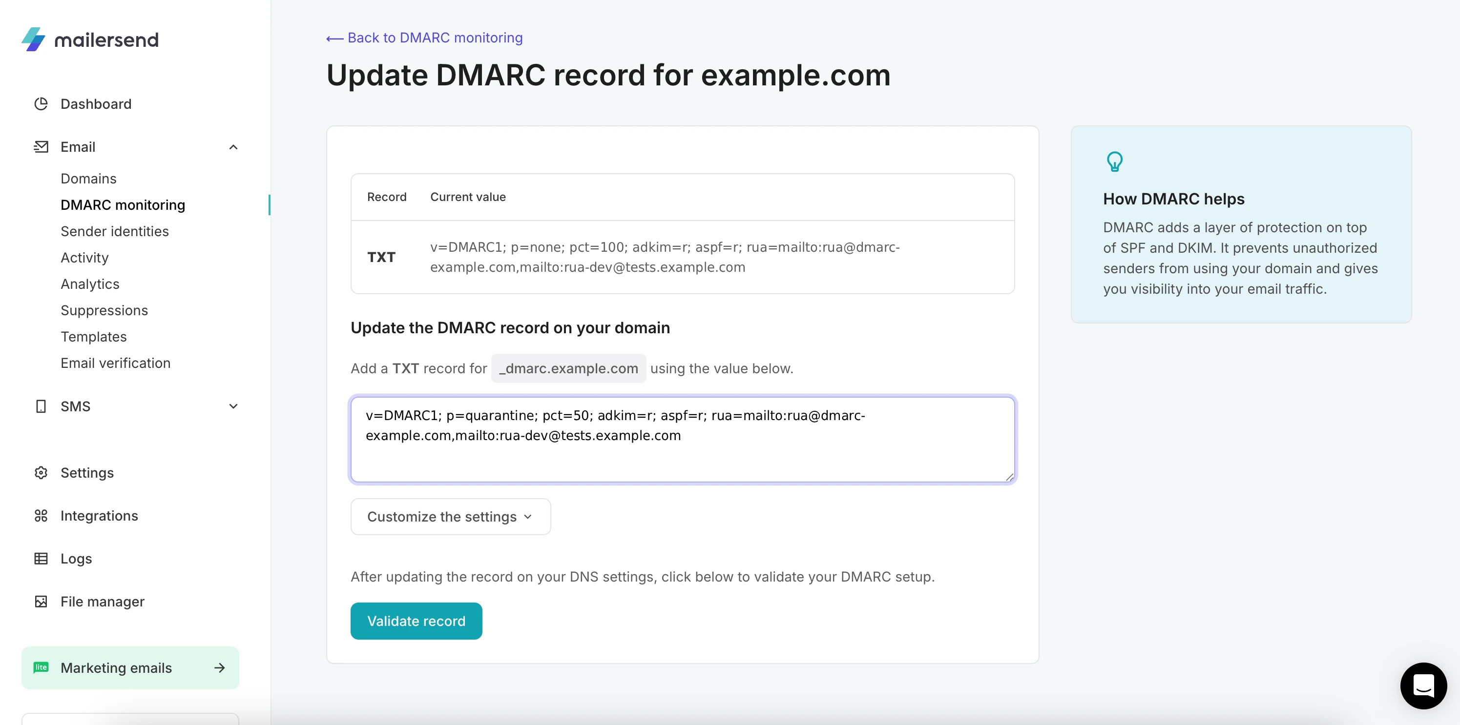 An example of a DMARC record generated in MailerSend.
