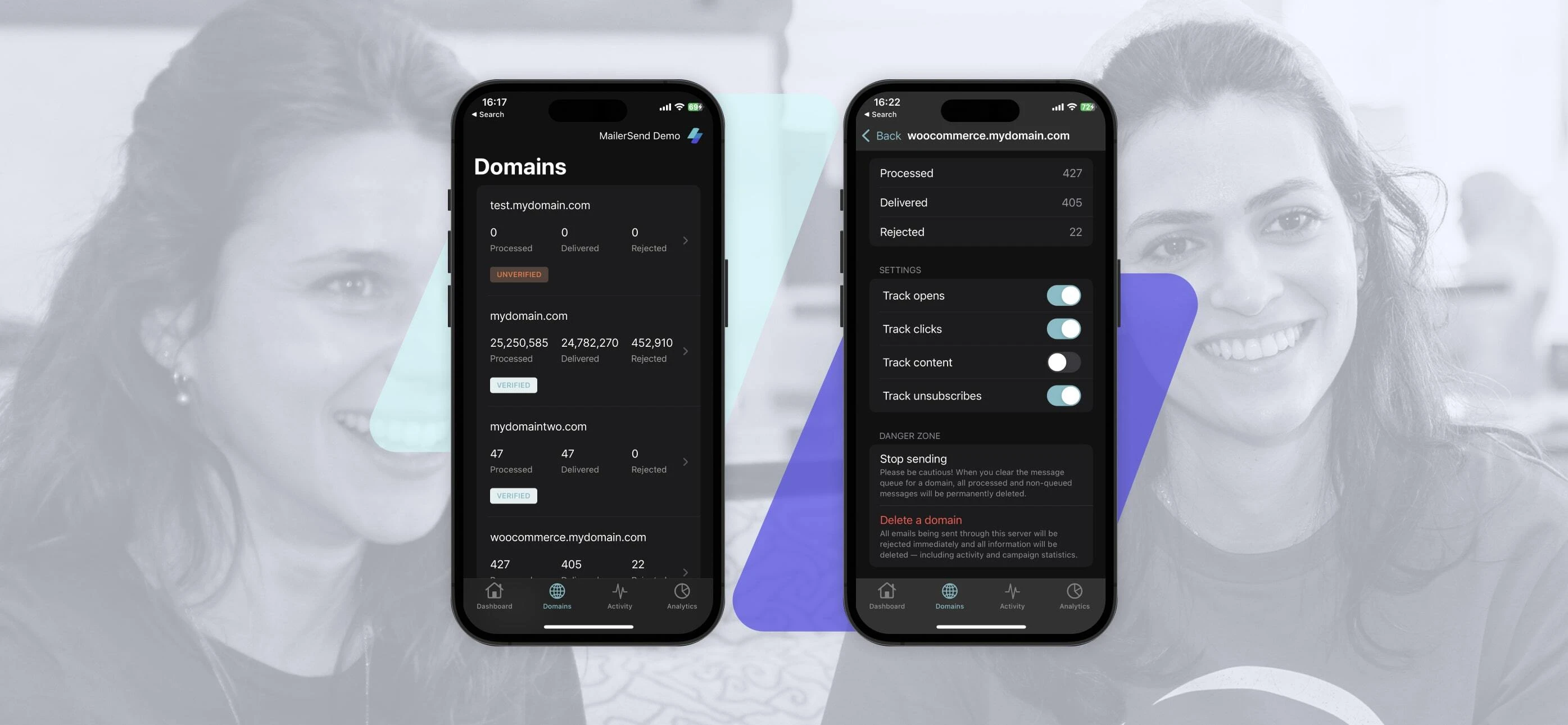 The Domains section of the MailerSend iOS app.