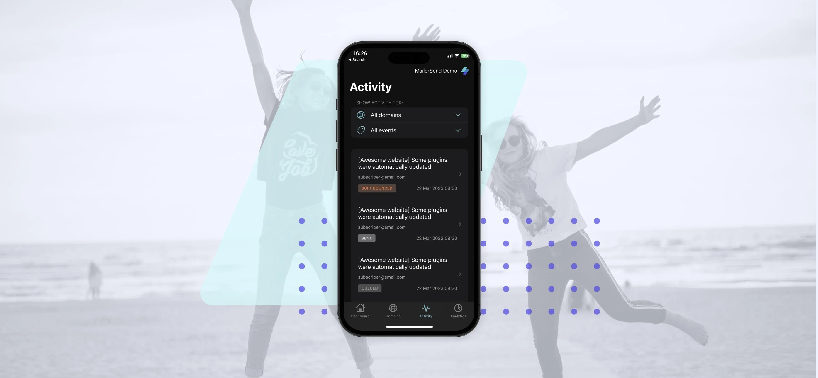 The activity page in the MailerSend iOS app.