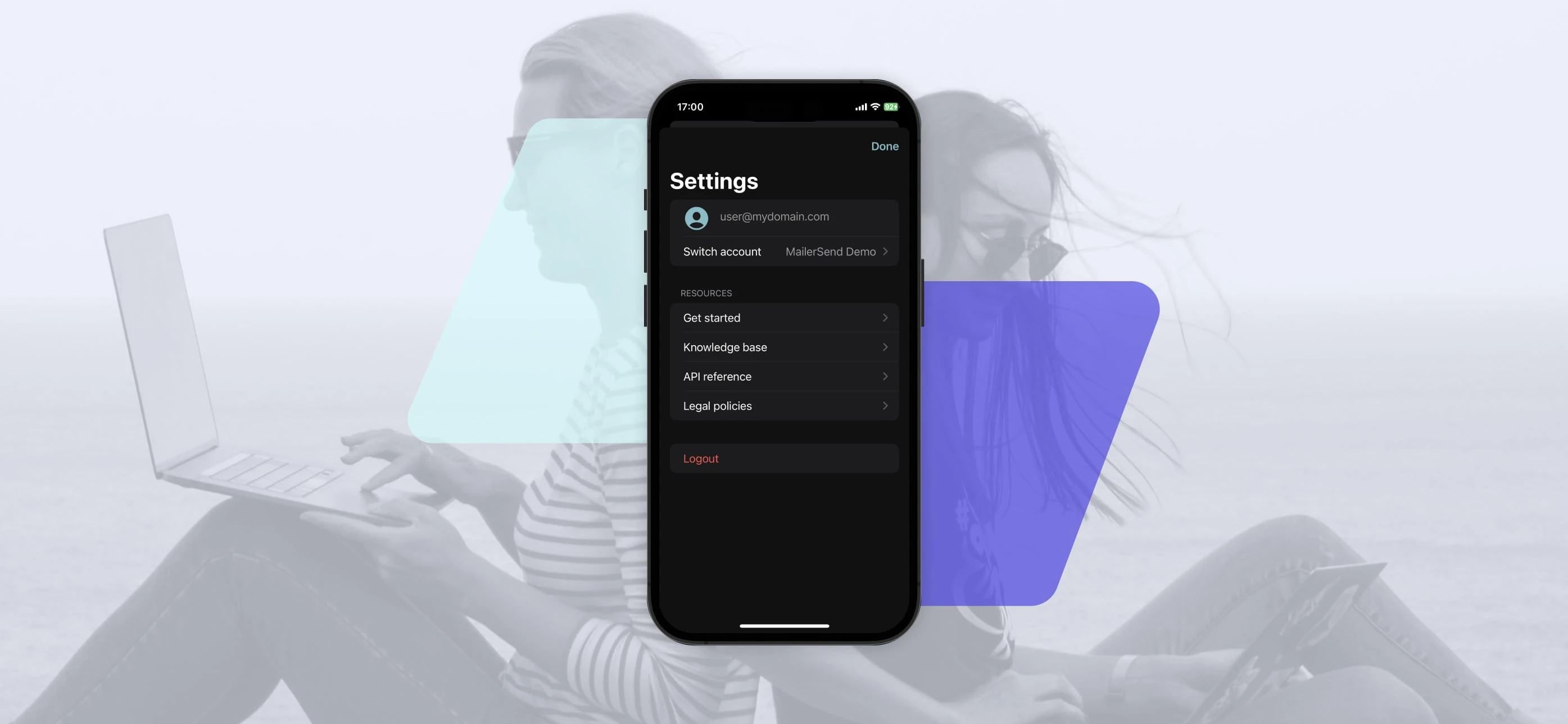 A view of user settings in the MailerSend iOS app.